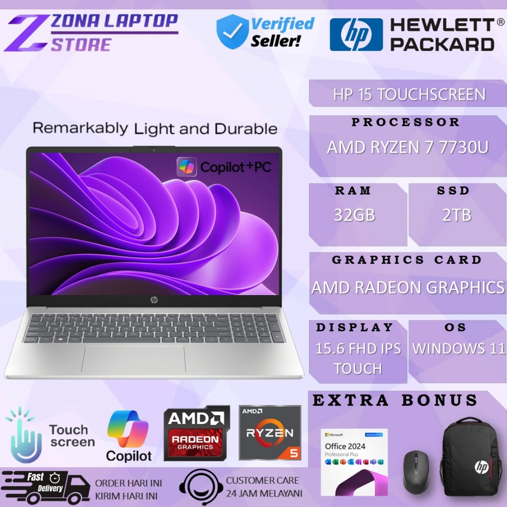 Laptop HP 15 AMD RYZEN 7 7730U RAM 32GB 2TB SSD 15 Inch Touch FHD IPS Windows 11 Home