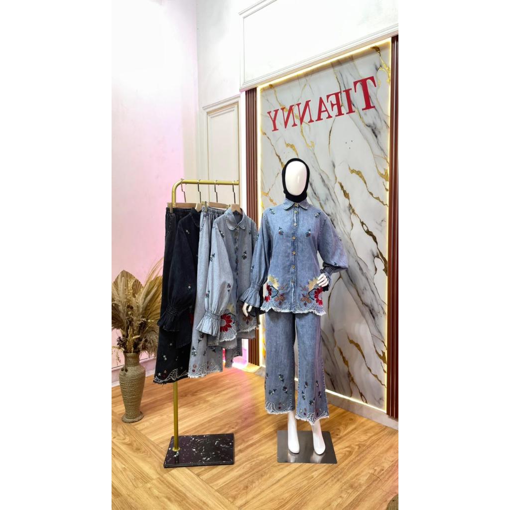 KASINA Setelan Wanita Bordir Cantik Fit to XXL Elegan Hitam Soft Jeans Atasan Tunik Celana Kulot Mew