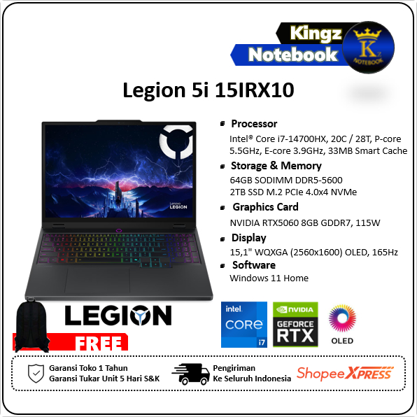 Lenovo Legion 5i RTX5060 Core i7 14700HX 64GB 2TB SSD Win11 15,1" WQXGA 165Hz
