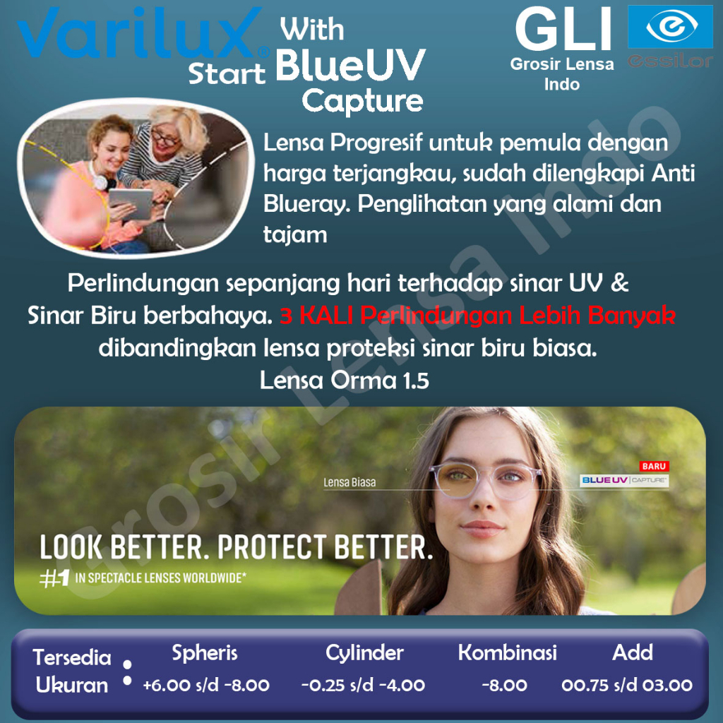 Lensa Kacamata Essilor Varilux Start Blue UV Capture 1.5 Orma Crizal Easy / Rock / Sapphire