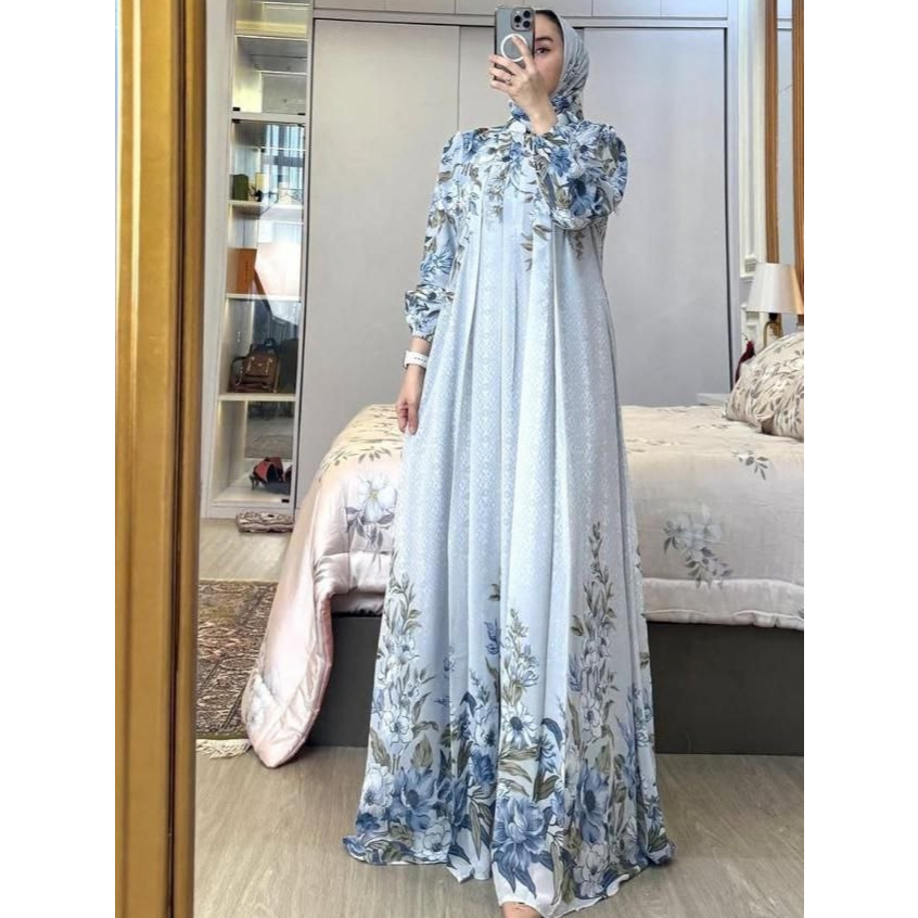 Gamis Set Hijab Wanita Bahan Ceruti Premium Motif Bunga Elegan Allsize