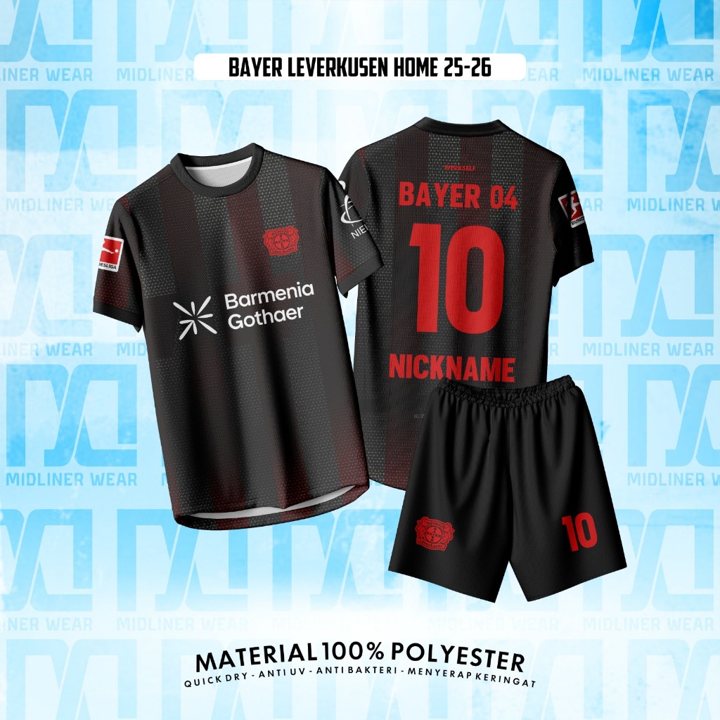 Jersey Atasan Stelan /Baju Bola Fantasy BAYER LEVERKUSEN HOME 25/26 SUPORTER Gratis Custom Nama Set 