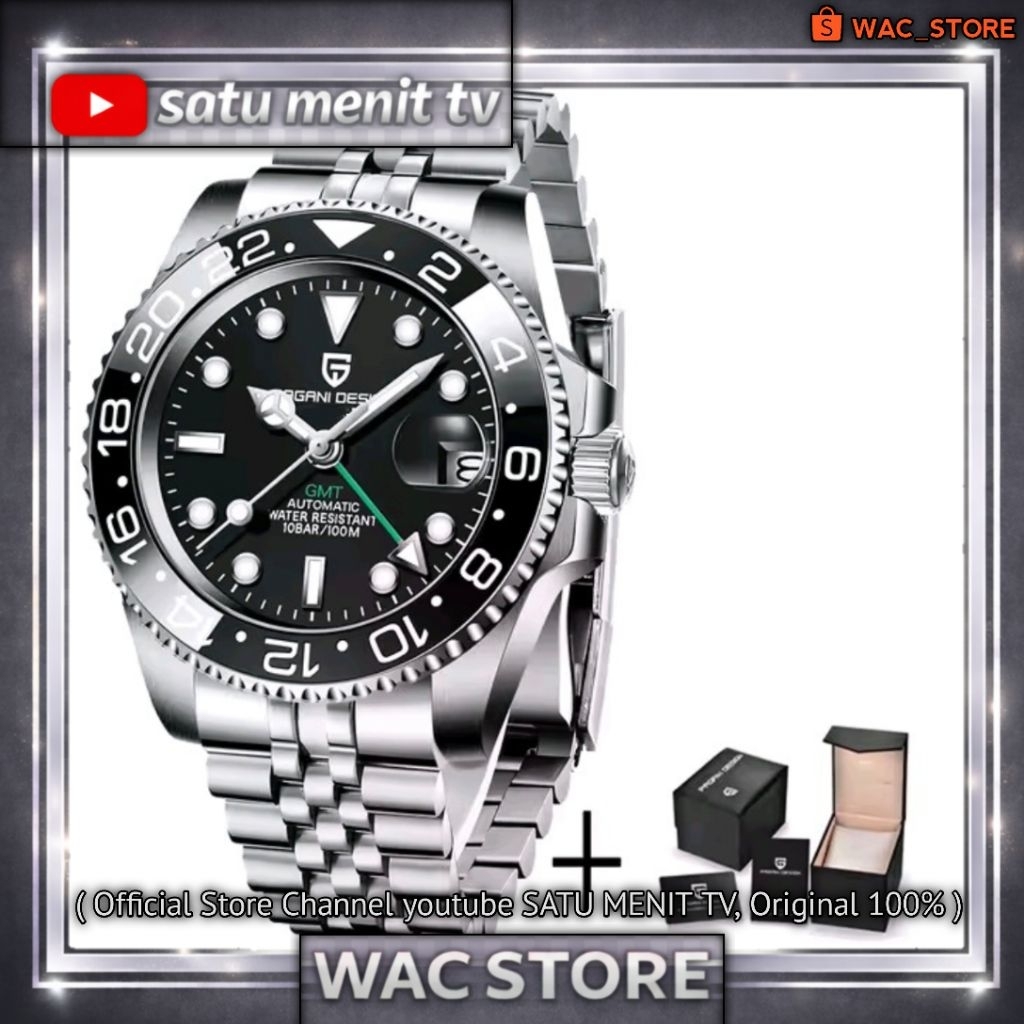 PAGANI DESIGN GMT ALLBLACK AUTOMATIC WR 100 M SAFIR CERAMIC BEZEL JUBILLE