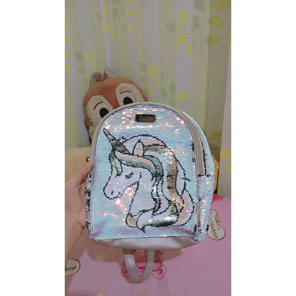 tas mini backpack justice ori 100% sequin unicorn