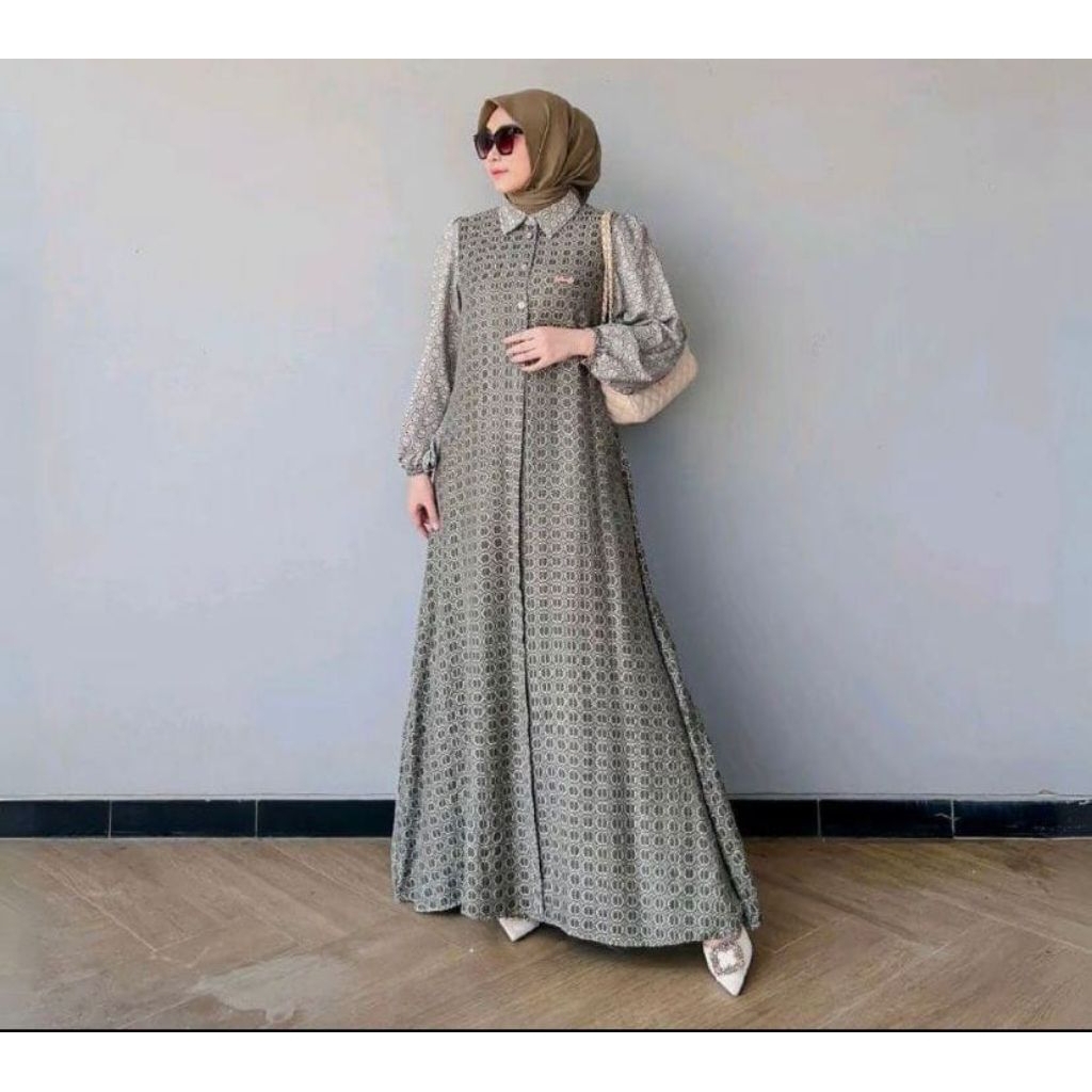 ellisa Dress wanita muslimah Gamis baju midi muslim gaun lebaran oneset hijab satu set setelan fashi