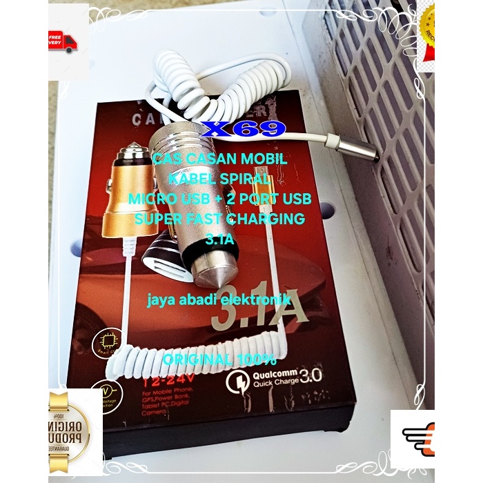 X69 GADGET DUA COLOKQN PORT ADAPTOR SAVER ORI 100% 3A 3 A CAR CHARGER SPIRAL SPRING TRAVEL ADAPTER C