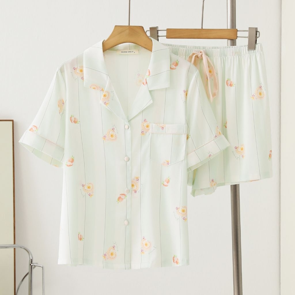 baju tidur piyama hotpants diane sally motif bunga hijau satin premium