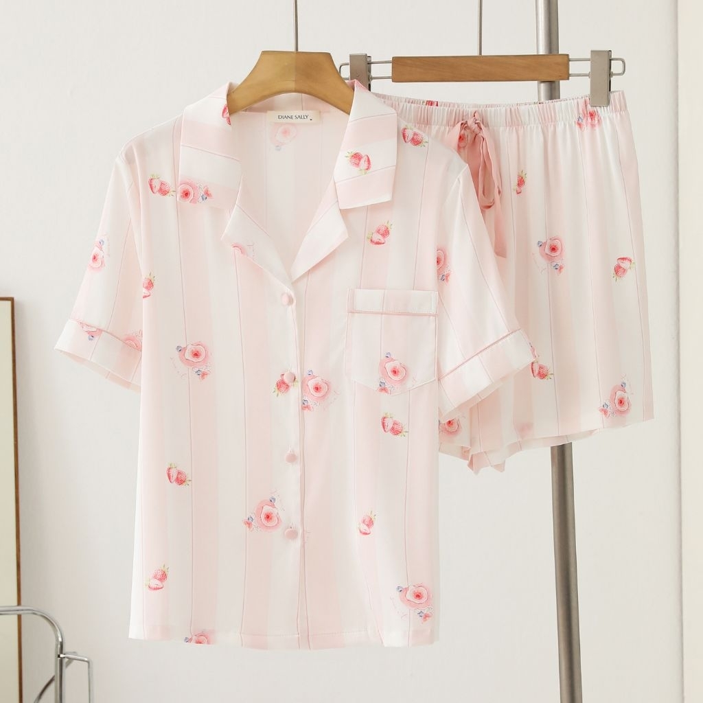 baju tidur piyama hotpants diane sally motif bunga pink satin premium