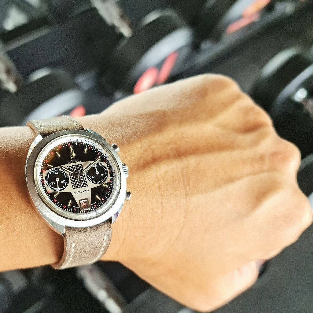 70s Vintage Titoni Race King Chronograph black matte Racing Dial Valjoux 7734 mint condition RARE Co