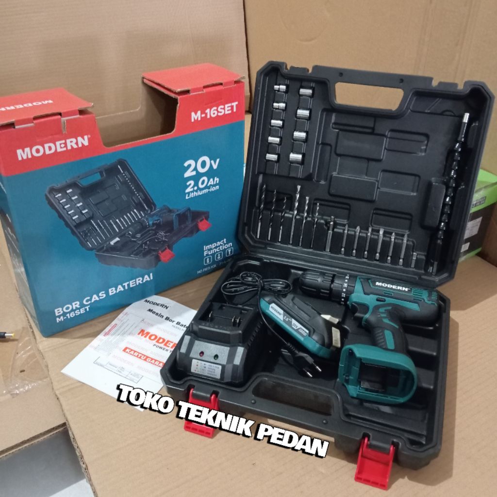 MODERN M-16 Mesin Bor Cordless Drill 20V Set Tangan Baterai Impact M16