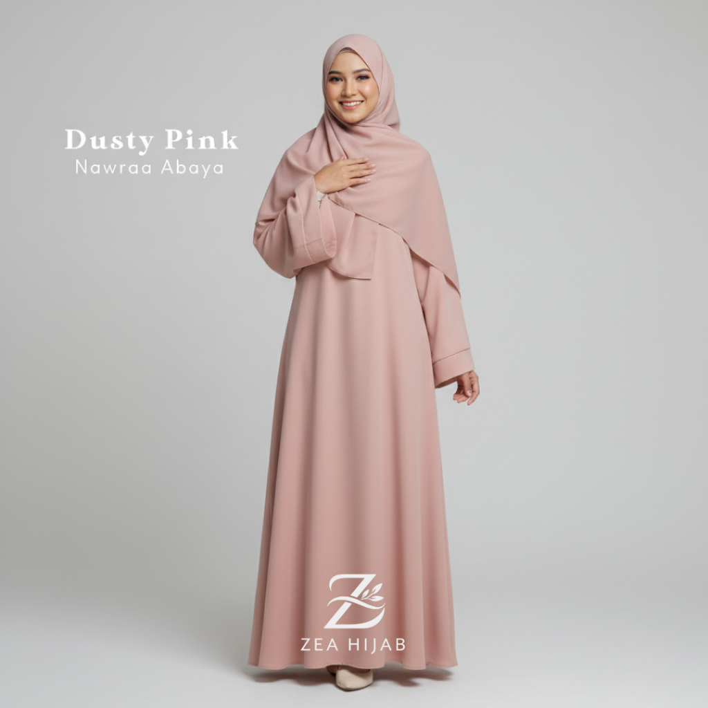 Gamis Syar’i Polos Wanita Simple | Abaya Muslimah Elegan Dusty Pink | Abaya Lebaran | Nawraa Abaya