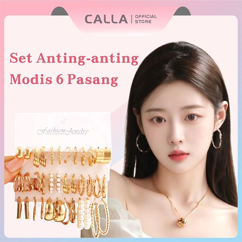 Calla Set Anting Wanita Korea 5-6 pcs  Anting Logam Retro  Aksesori Fashion Baru