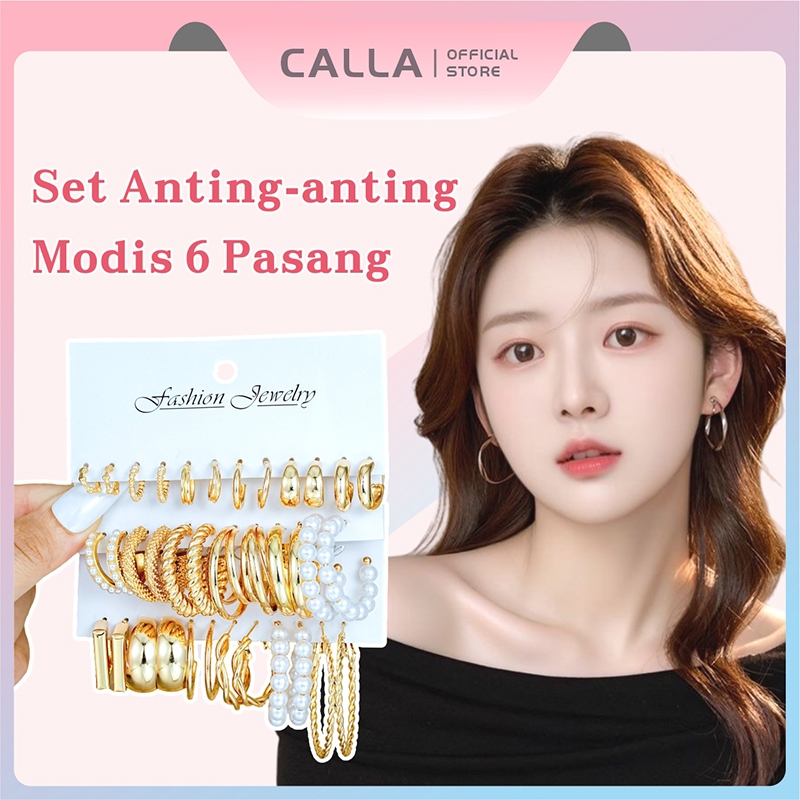 Calla Set Anting Wanita Korea 6 Pasang Anting Set / Anting Geometris Bulat / Anting Emas Dan Perak /