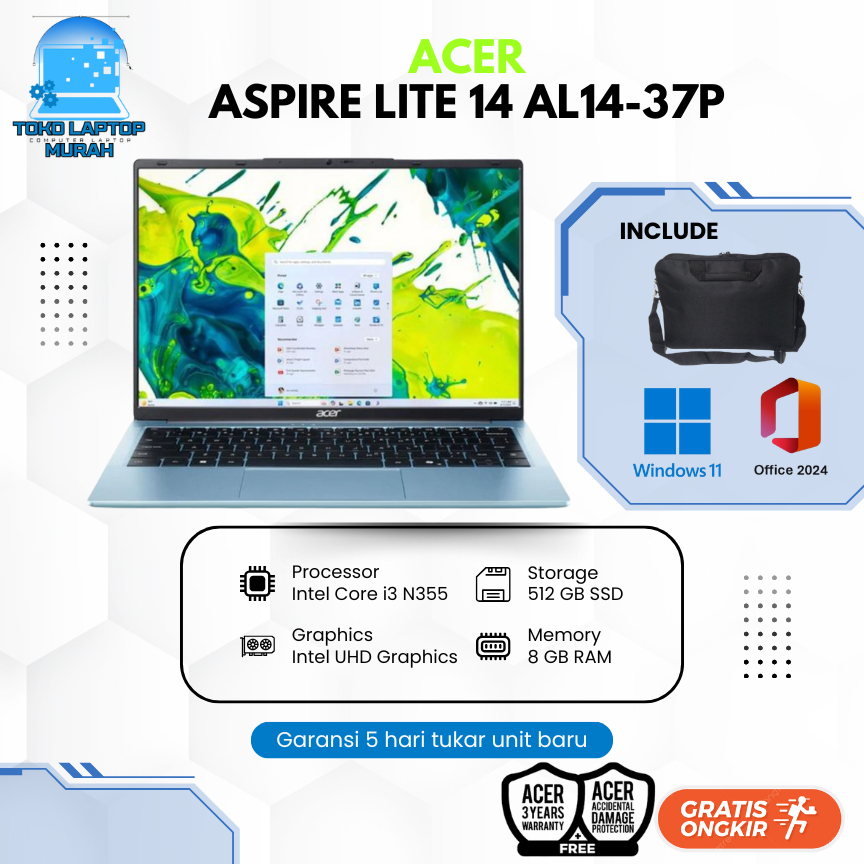 Acer Aspire Lite AL14 Intel i3 N355 8GB 512GB W11+OHS 14 FHD Garansi Resmi Acer