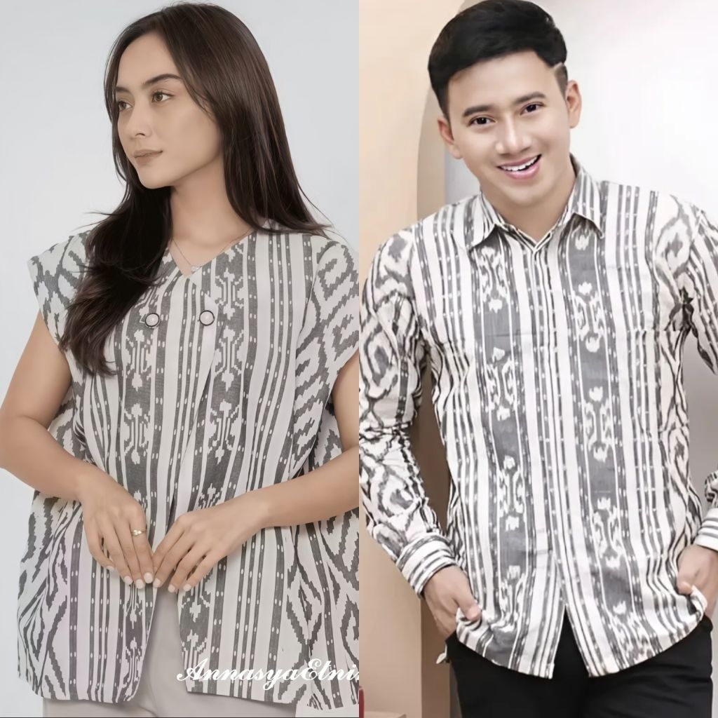 BAJU COUPLE BATIK TENUN. KEMEJA PRIA dan ROMPI WANITA YURA VEST TENUN