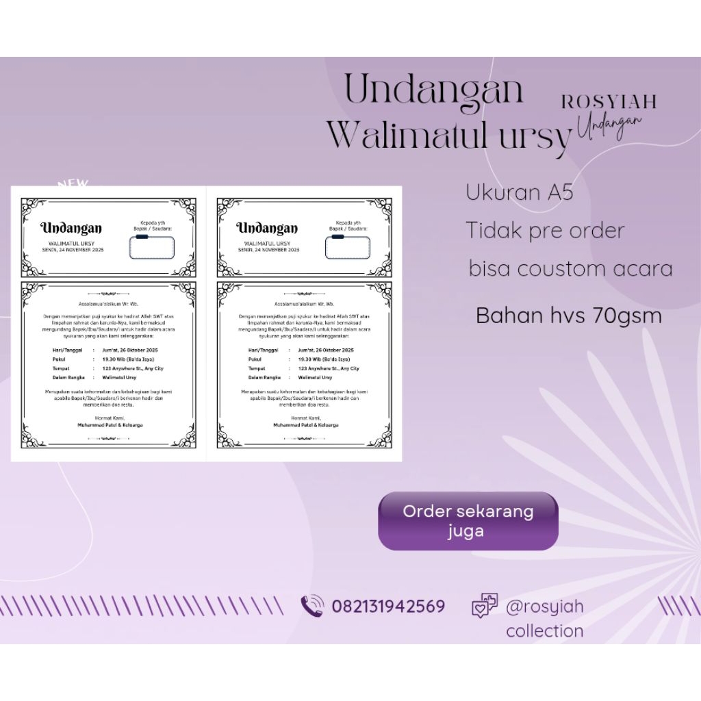 Cetak Undangan walimatul ursy atau pernikahan A5 kertas hvs