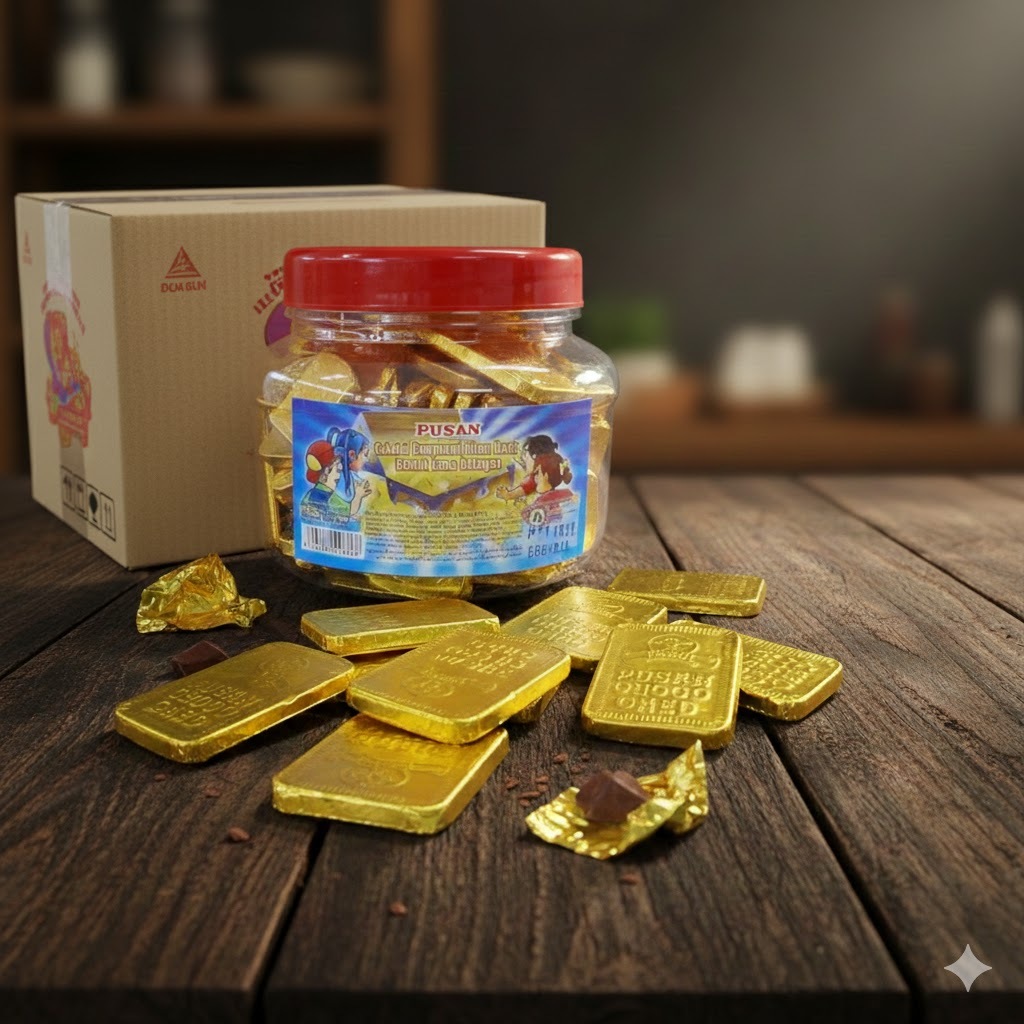 Pusan Coklat Emas Batangan Toples Isi 50pcs | Pusan Coklat Cokelat Emas Batang Coklat Koin Dollar Em