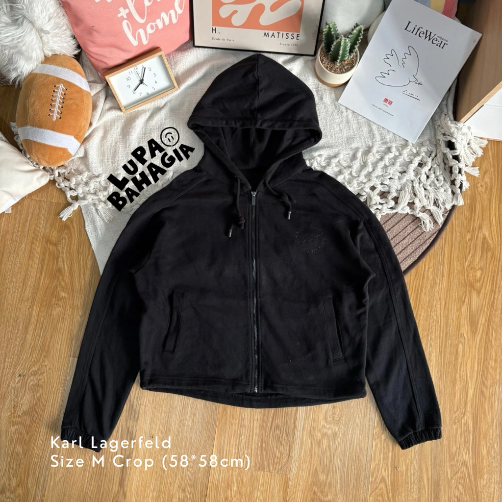 KARL LAGERFELD Black Zipper Crop Hoodie Jaket size M • 100% Original