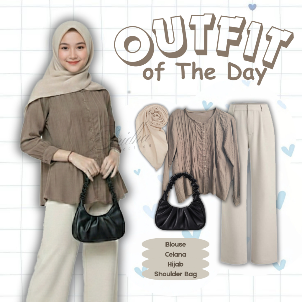 Baju Setelan Remaja Korean Style ( Blouse Brown + Celana Jennie Knit + Bella Square ) OOTD Hijab