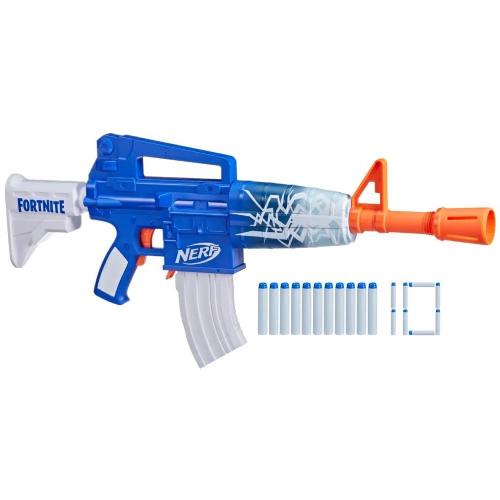 Nerf Fortnite Blue Shock Dart Blaster, 10-Dart Clip, 10 Elite Darts, Unlock Code Rumah-Pilihan