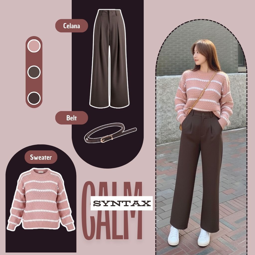 Baju Satu Set Wanita Korean Style ( Sweater Stripe  + Celana Jennie ) Outfit Remaja - 048