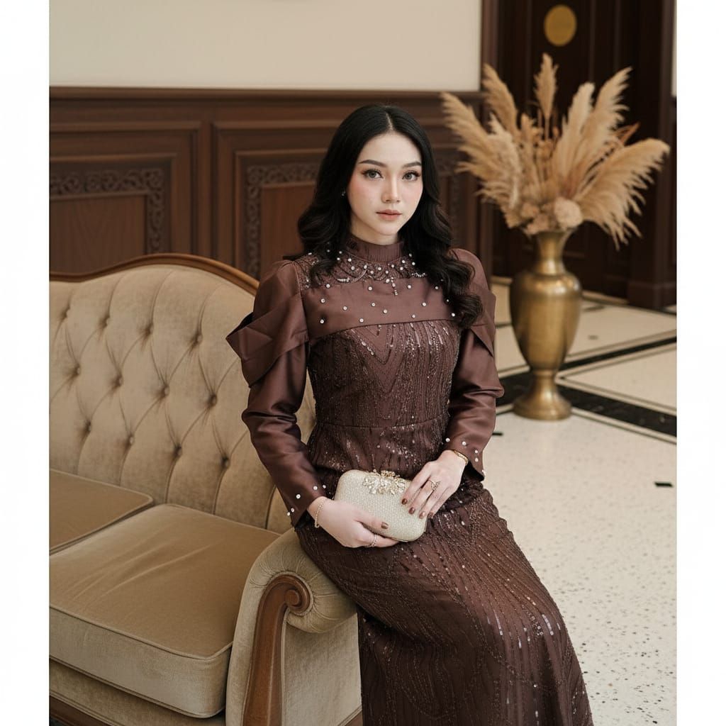 Diandra Dress Brokat Mewah  Baju Kondangan Wanita  | Baju Lebaran 2026 Gaun Elegan Payet Mutiara Bah