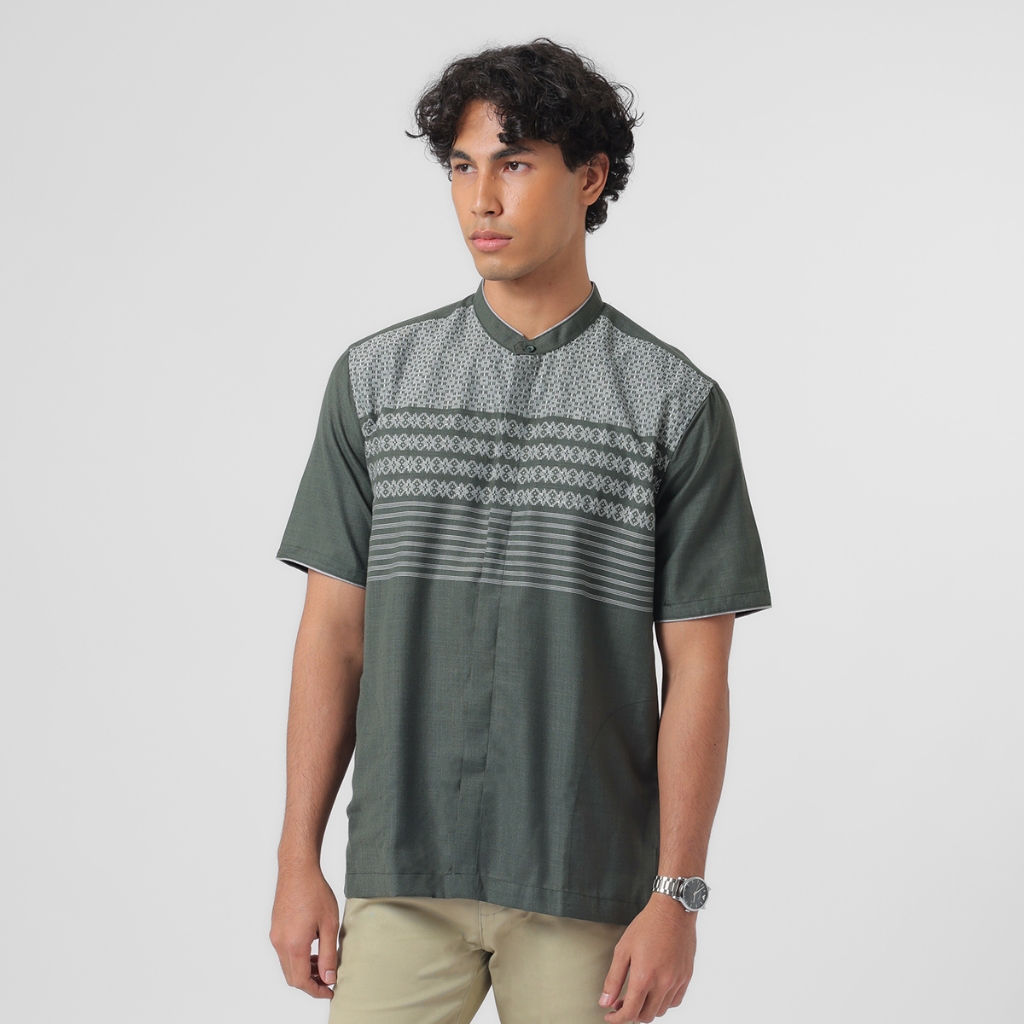 EDWIN JEANS - Kemeja Koko Pria Lengan Pendek KAHFI ARMY GREEN Baju Muslim Pria