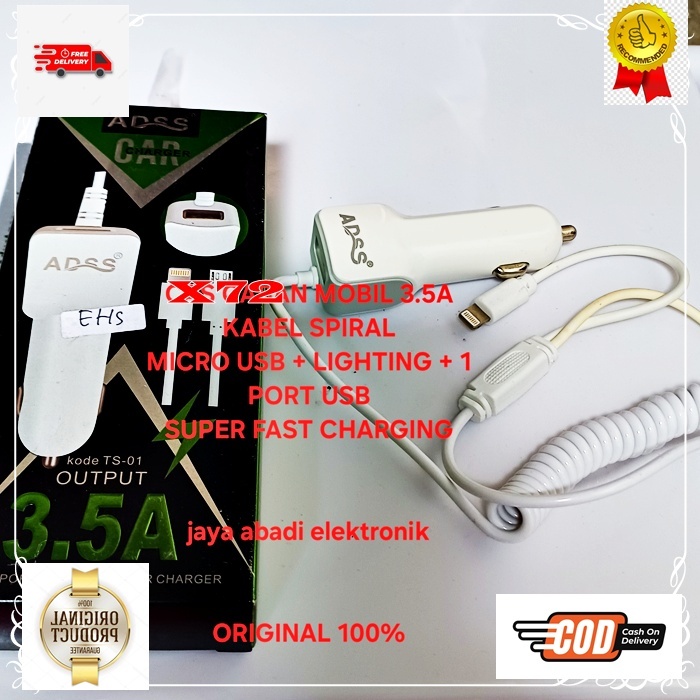 X72 charge elektronik device ADAPTOR ADSS SAVER 3.5A 3IN1 ORI 100% 3A CAR CHARGER SPIRAL SPRING TRAV