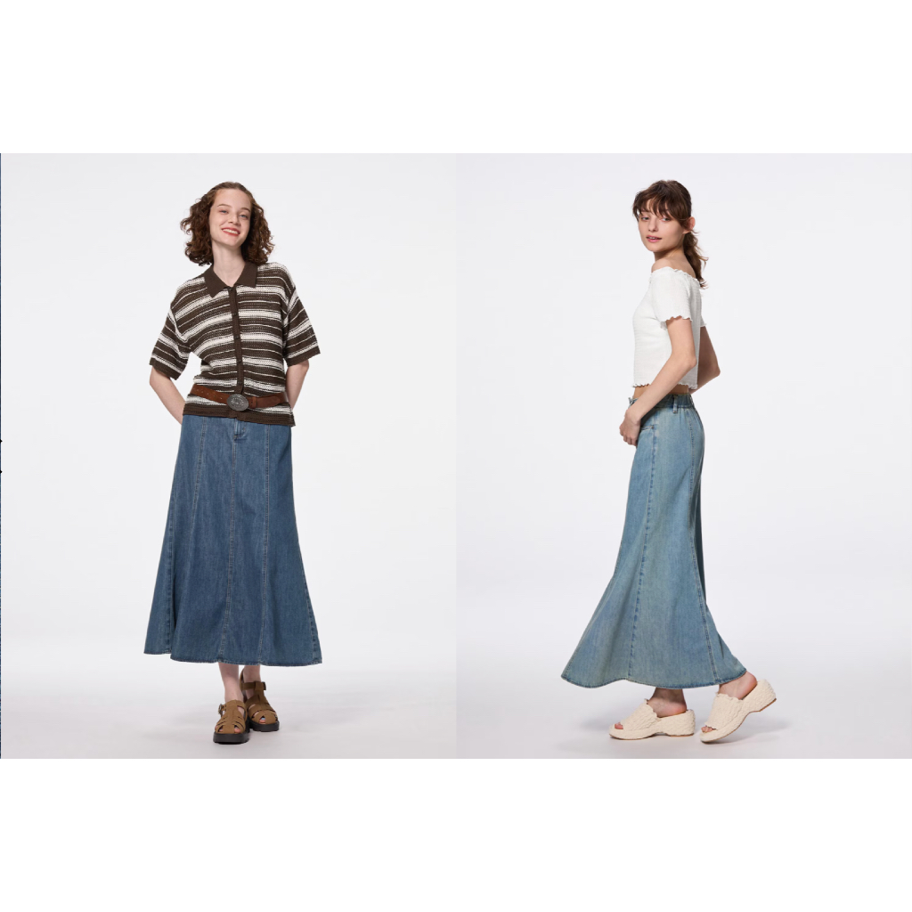 GU Light Denim Flared Maxi Skirt