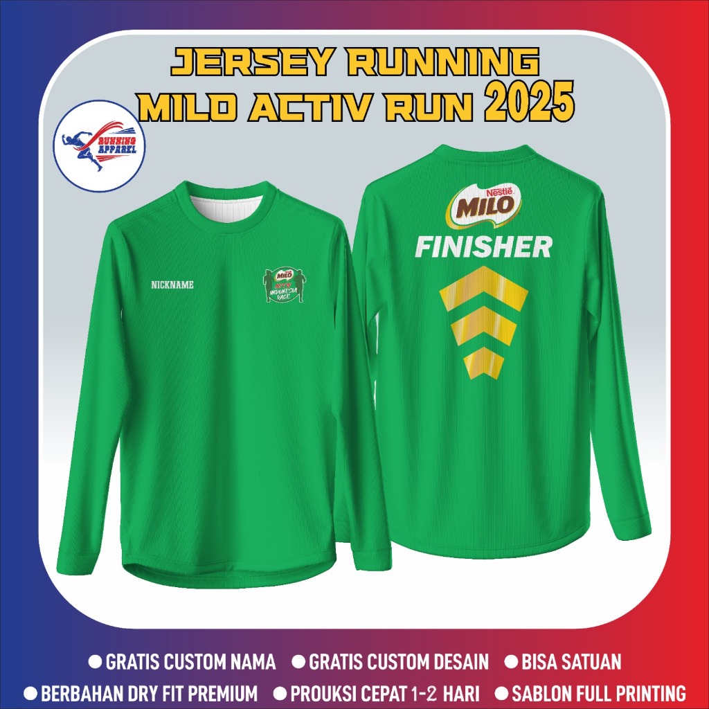 Baju Jersey Lari Custom - Milo Activ run 2025 - Dryfit Milano | Full Printing | Bisa Nama & Logo