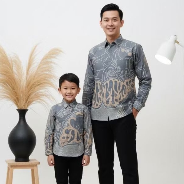 Zai Batik | Kemeja Katun Batik Silver Couple Ayah Dan Anak Full Puring