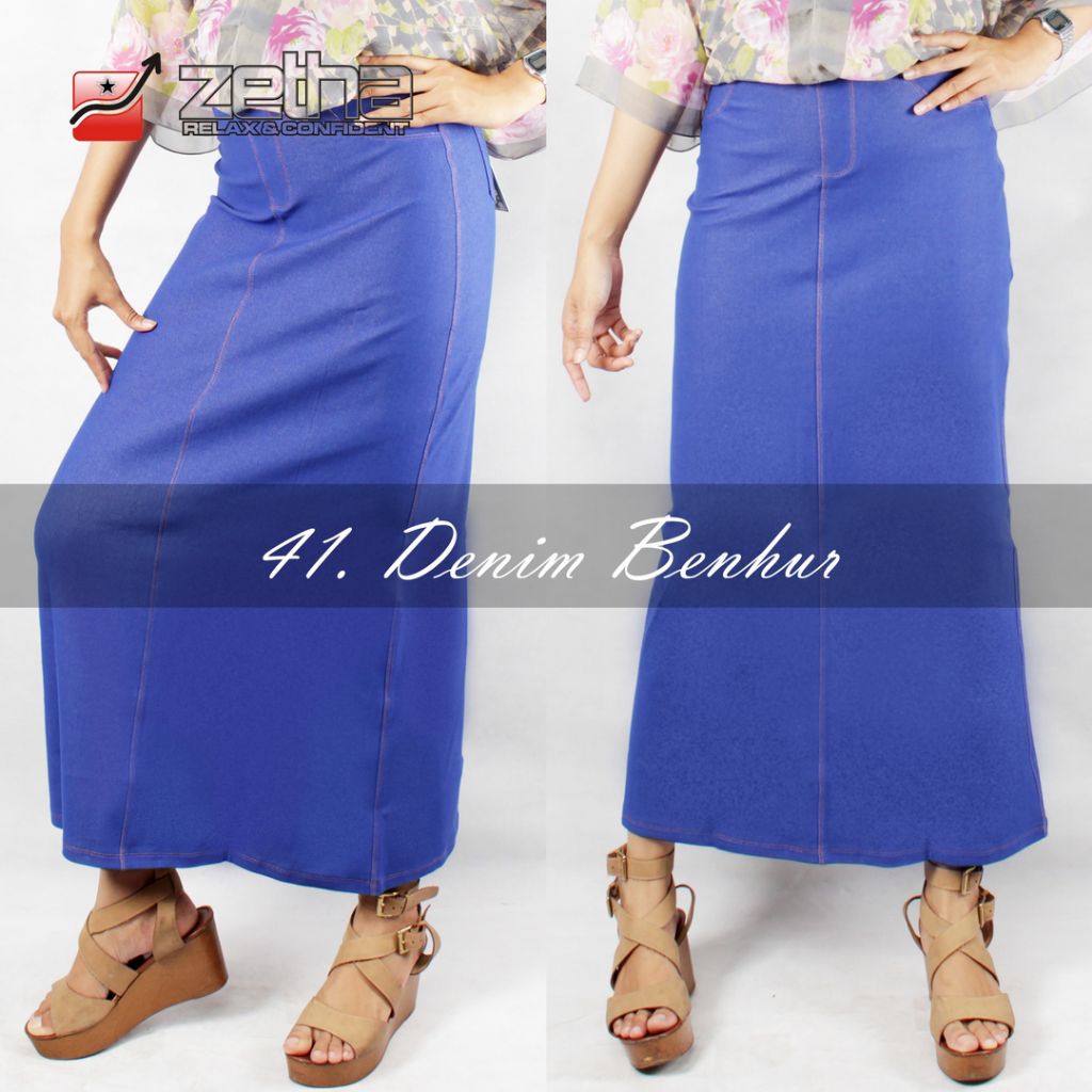 Rok Zetha Panjang Wanita Warna Denim Benhur | Rok Kerja Kantor | Rok Denim | Rok Model A - Line | Ro