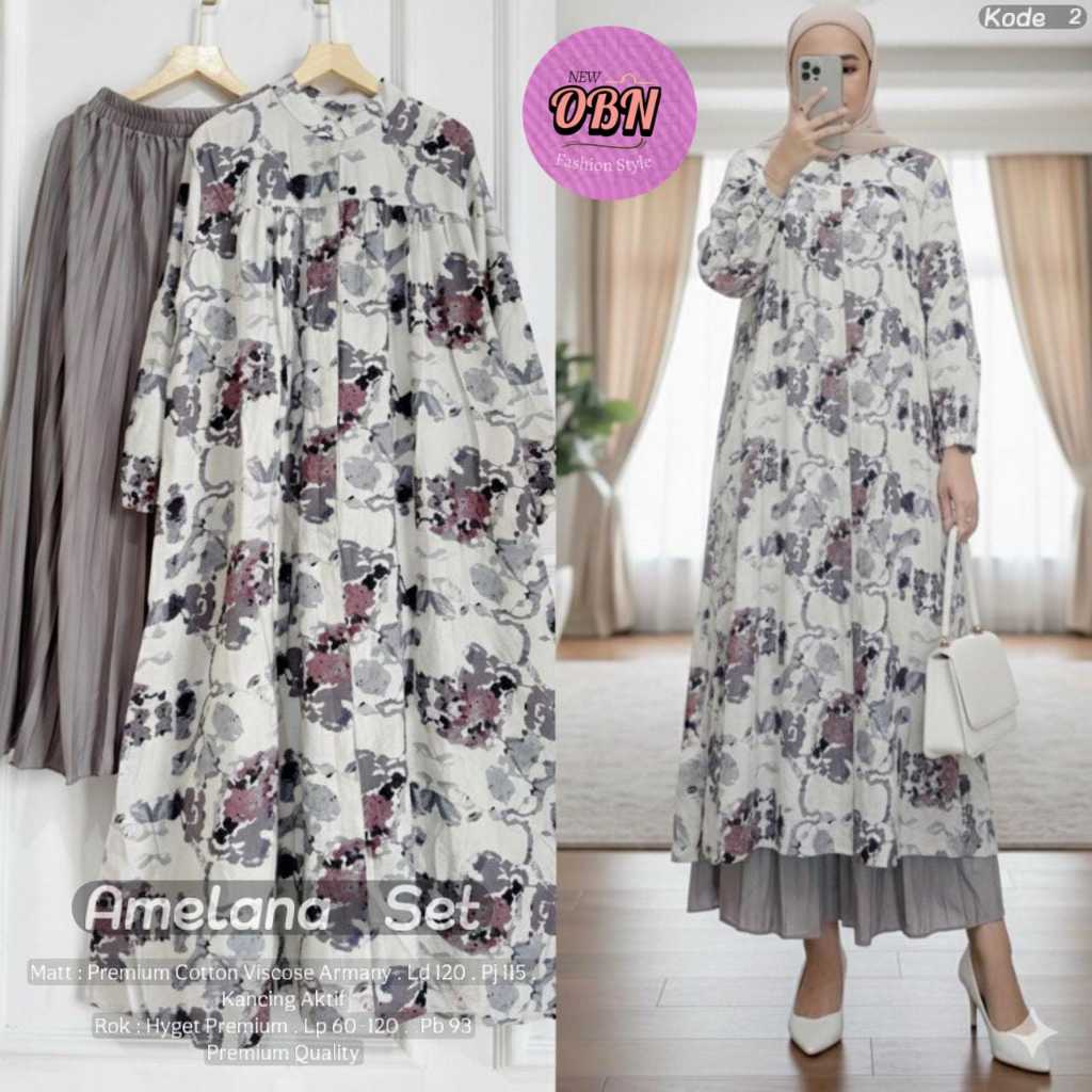 Amelana Set Original OBN Fashion Style Gamis Dress Layered Lengan Panjang Busui Friendly Muslimah Ba