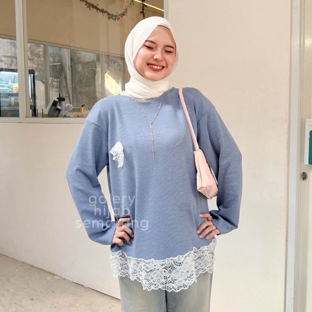 Blouse Knit Tartan Lace Renda Kekinian OverSize Ribbon Blouse