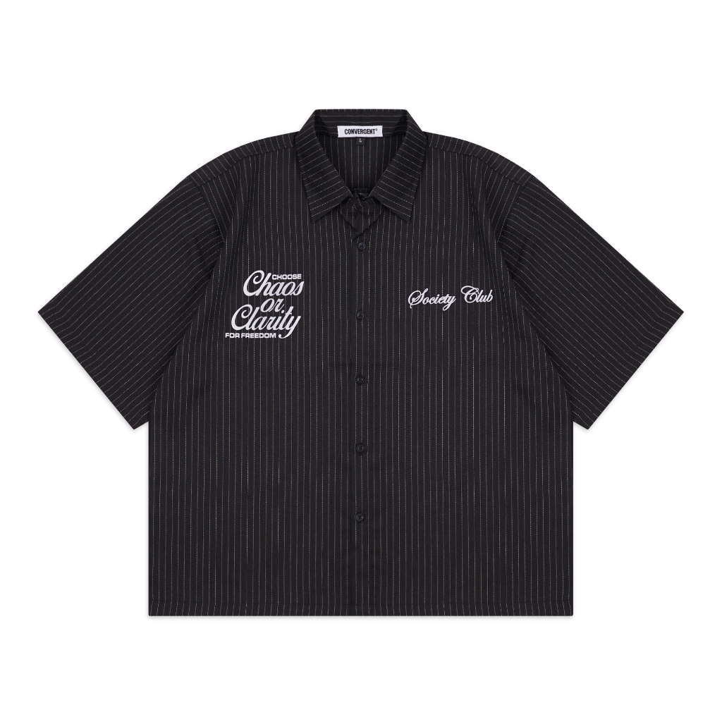 CONVERGENT Workshirt Kemeja Pendek Button Boxy Stripe Graphic Black Clarity