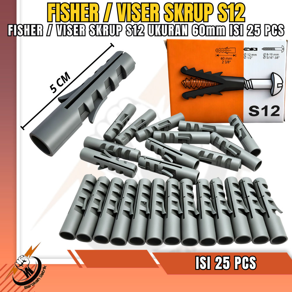 Fastener S12 x 60mm Isi 25pcs Panjang 60mm / Fisher Alat Pengencang Skrup/Baut S12 1 Pack Isi 25 PCS