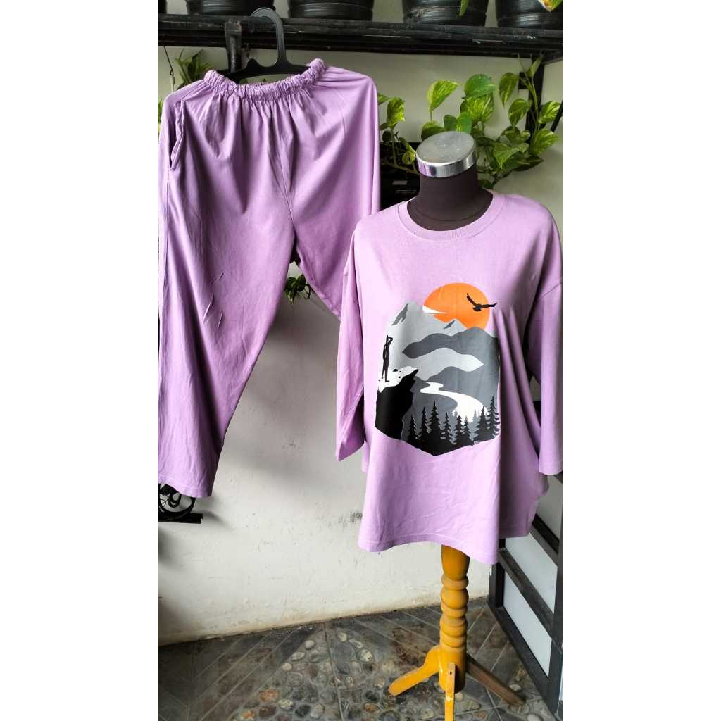 Sk| Setelan OneSet Kaos Wanita SetCel Wanita, Lilac