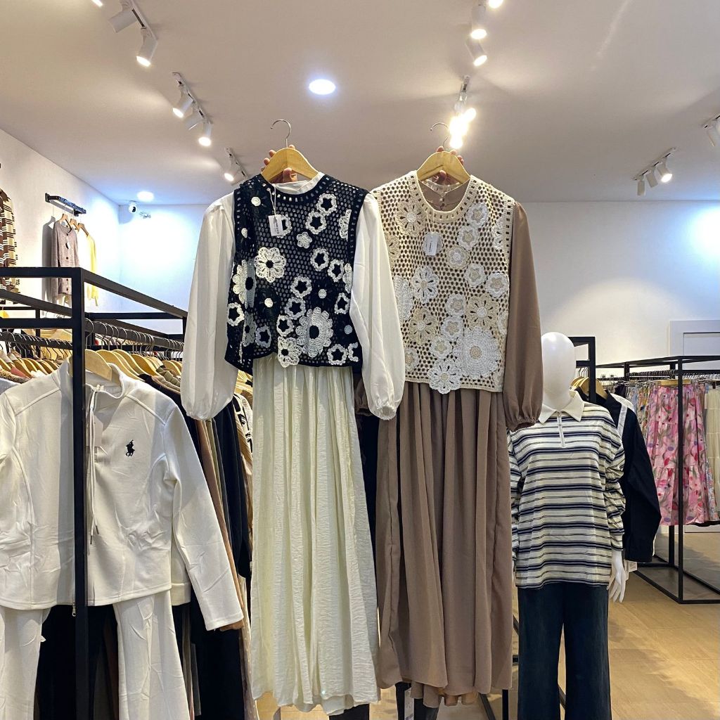 ZAHWA DRESS GAMIS + VEST RAJUT BUNGA