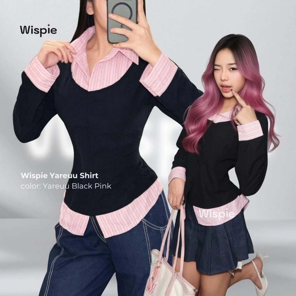 Baju Wanita Wispie Yareuu Shirt Kemeja Fitted Blouse Wanita Kombinasi Layer Warna Biru & Pink Kemeja