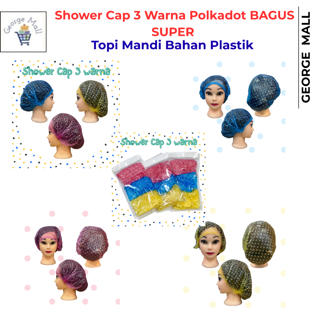 Shower Cap 3 Warna Polkadot BAGUS SUPER | Topi Mandi Bahan Plastik