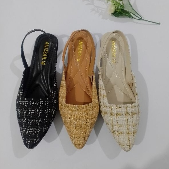 ANIZZAR Renata Flat Shoes Slingback Wanita Bahan Tweed Import Sepatu Tali Belakang Ujung Lancip Mewa