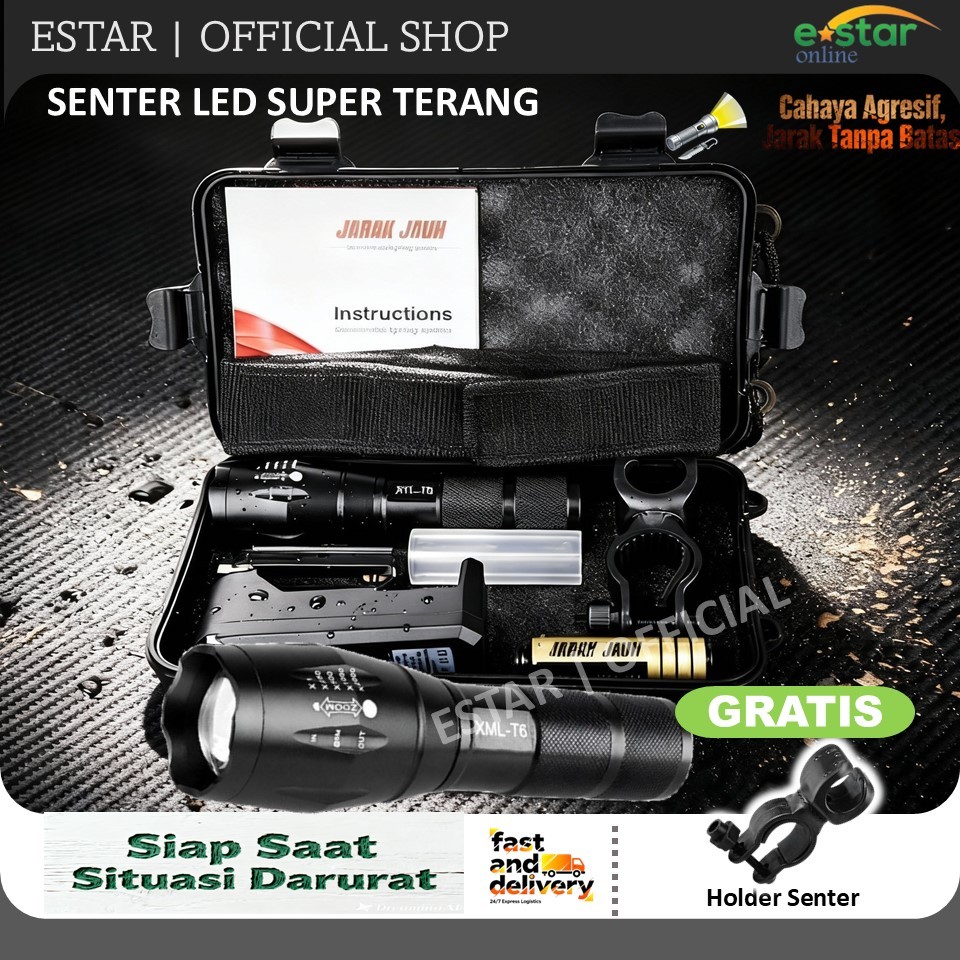 Senter Led Super Terang Jarak Jauh 10000 Lumens Swat Police Original Import XM L2 Fulllset + Baterai