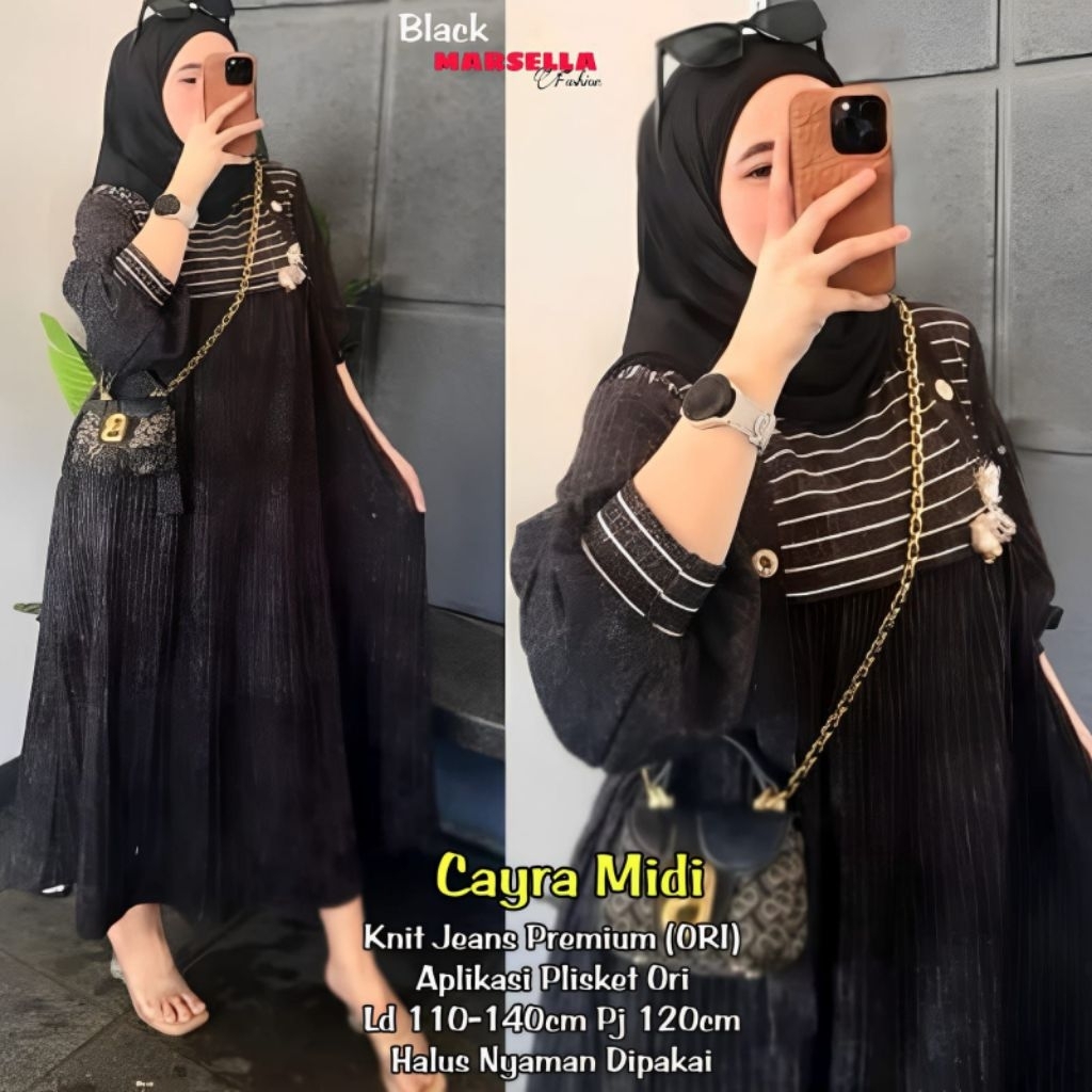 Cayra Midi Dress Wanita Muslimah | Dress Midi Plisket Lengan Panjang LD 110–140cm