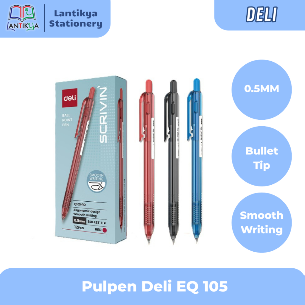 Deli Pulpen EQ105 0.5mm /Deli Ballpoint Retractable Pen Hitam Merah Biru