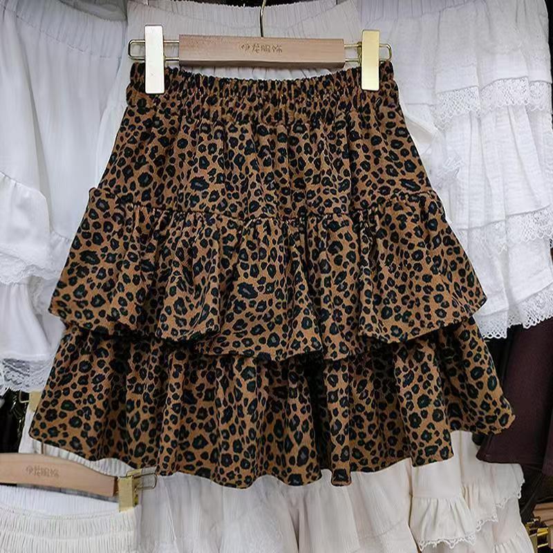 Rok mini bermotif leopard Rok pensil dengan karet Rok berlipit dengan pinggang penuh Rok berlapis-la