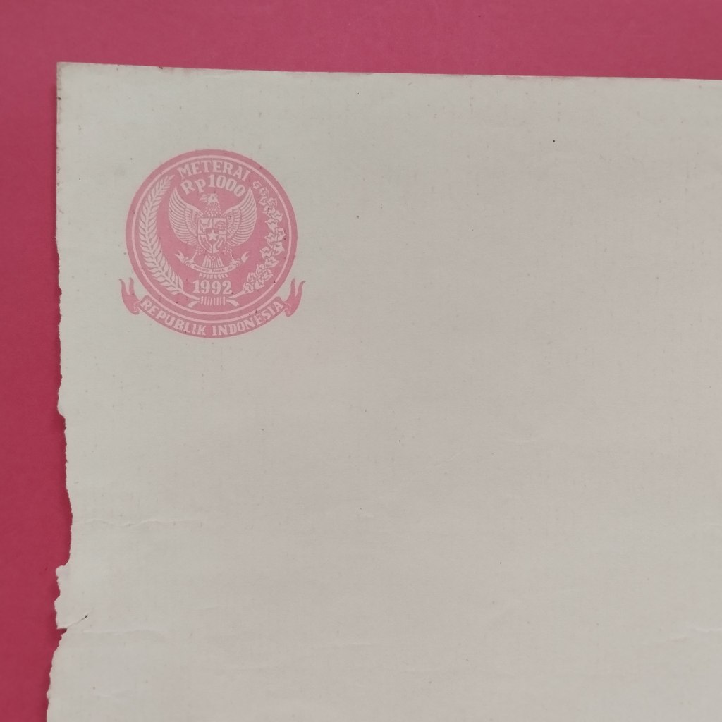 Kertas Segel Rp 1000 Tahun 1992 Double