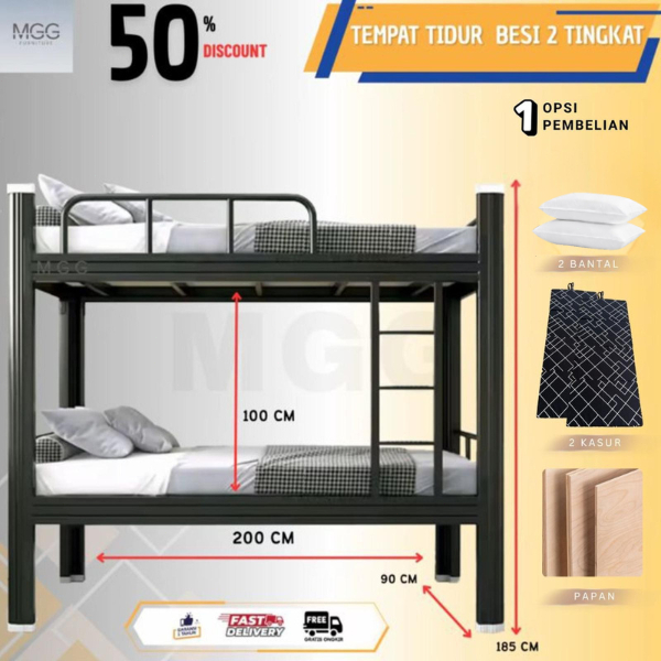 MGG Ranjang Tingkat Besi Bed Susun Minimalis Dipan Kasur Tingkat 2 Divan Susun 90x200 CM