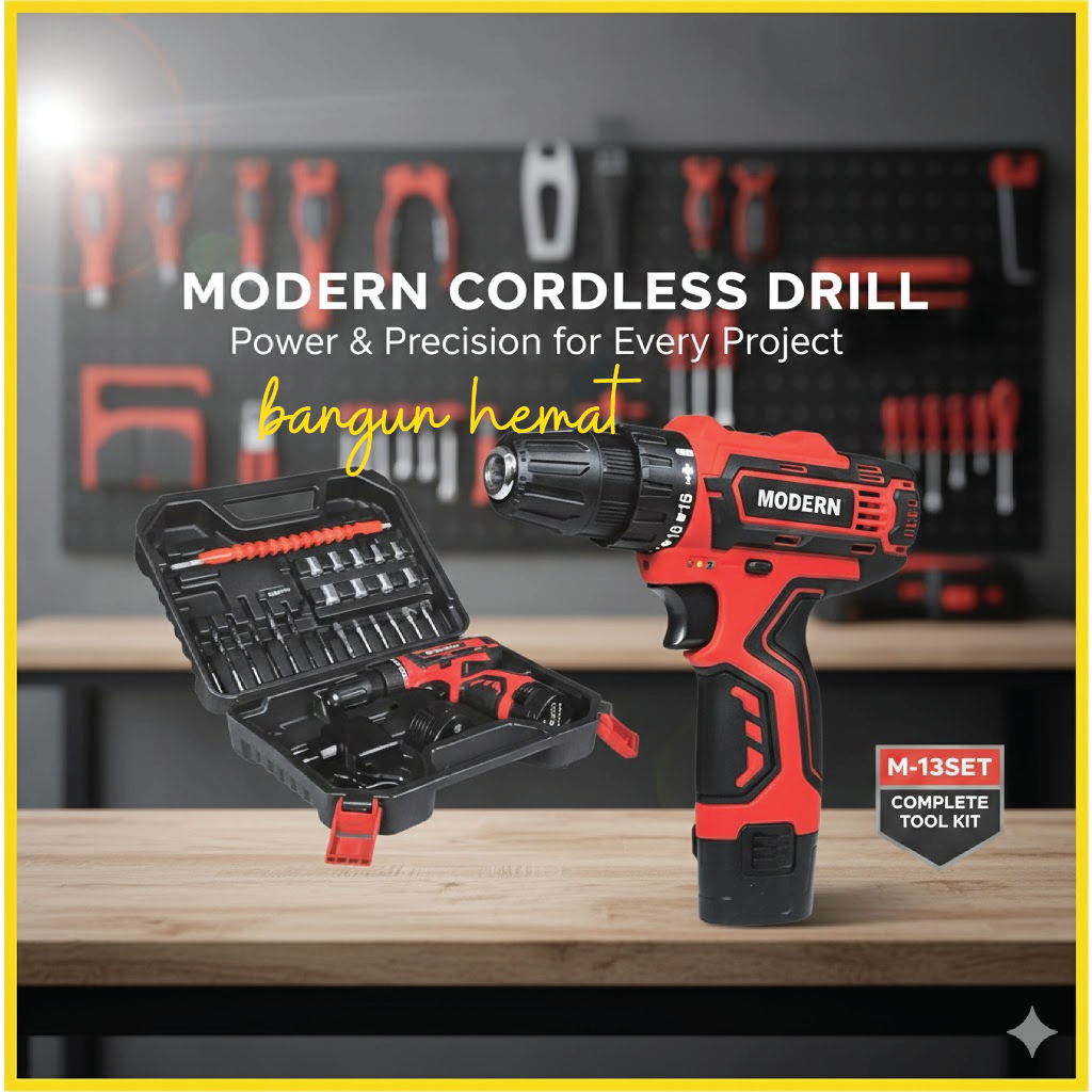 Bor Baterai Cordless Modern M13 12V Set Lengkap Mesin Bor Rechargeable Murah