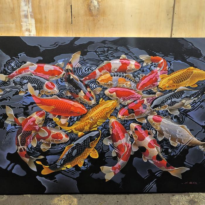 Lukisan estetik dinding 18 koi feng shui modern art lukisan kanvas Frame hiasan dinding kamar tidur