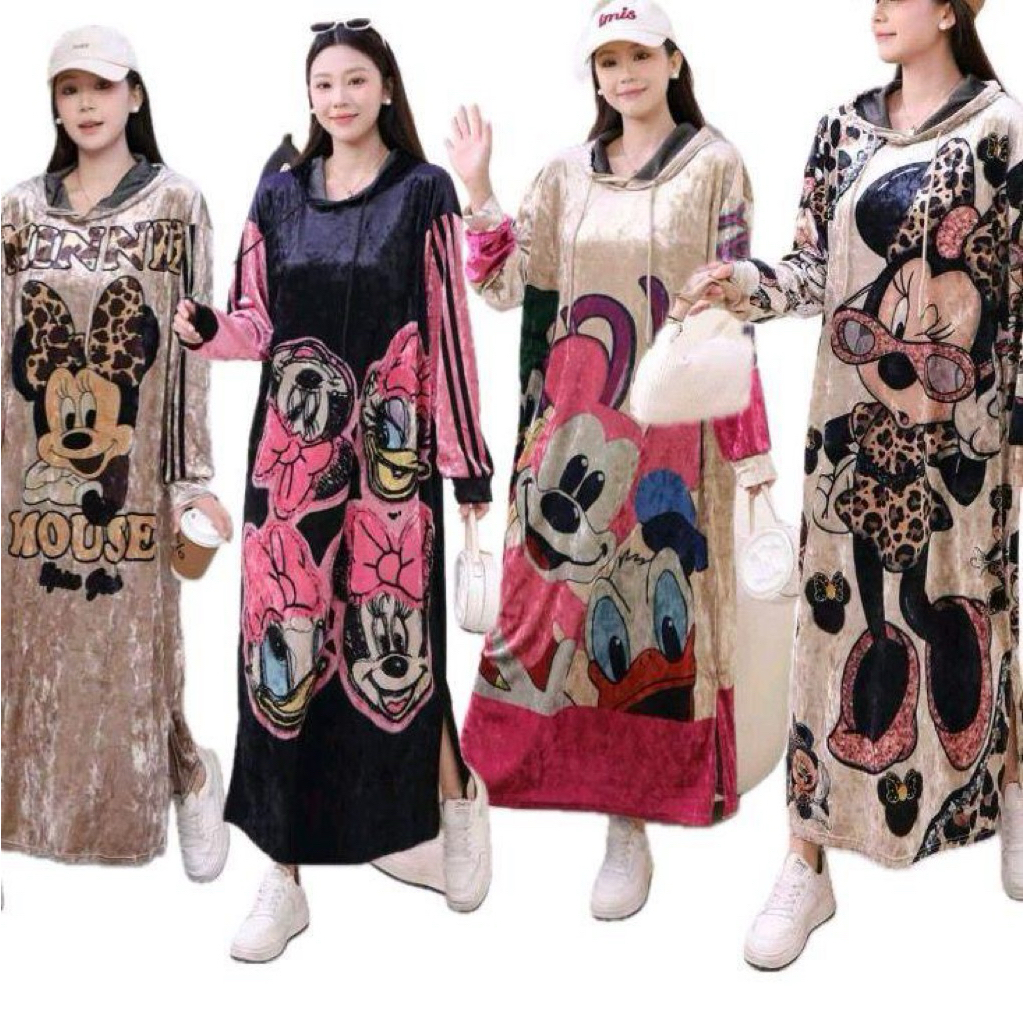 Hoodie Long Dress Velvet bludru lengan panjang Motif
